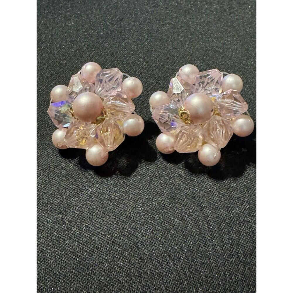 Pink Pearl Beaded Button Clip-on Earrings Vintage Fashion Germany Signed